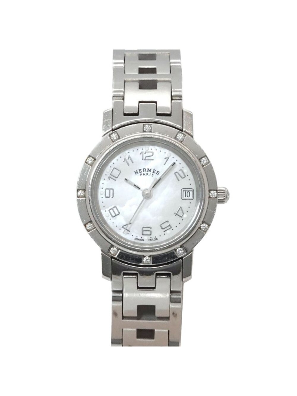 Hermes Cles Cl4 230 Watch Diamond Bezel White Shell Quartz Clipper